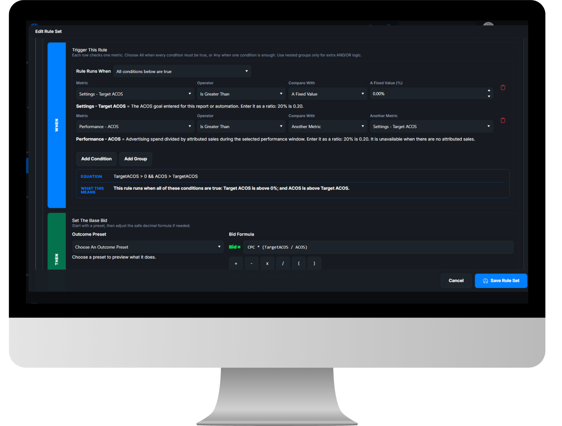 Osellpa custom bid rule builder showing an above-target ACOS condition and its bid formula